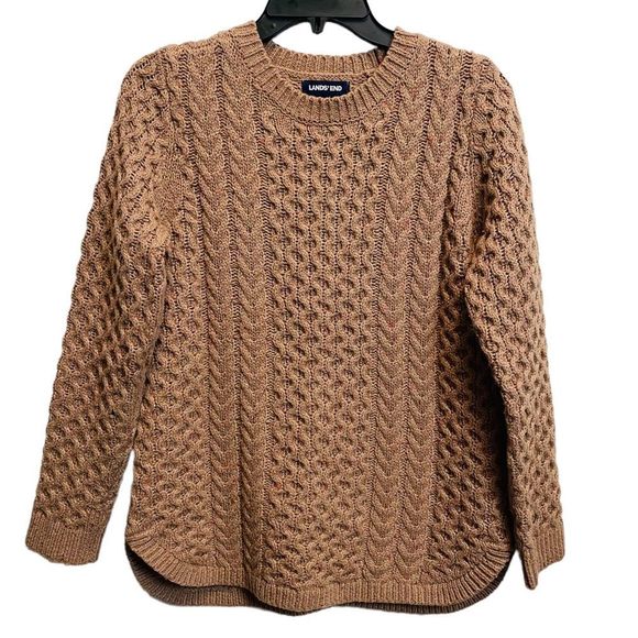 Land's End Chunky Brown Cable Knit Sweater Size XS Crew Neck Boat Hem Pull On - Picture 2 of 9